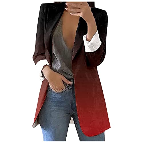 HKUOPW Cardigan Unterdamen Frühling Polyester Blazer Cool Farbverlauf Datum Weich Offene Taillier Cardigan Damen mit Reverskragen Knöpfen Langarm Weinrot von HKUOPW