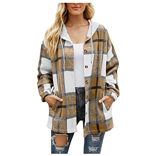 HKUOPW Jacken Damen Lang Gemütlich Jacken Langarm Gemütlich Herbste Kariertes Leger Jacken Für Damen Tweed Kordelzug Kapuzen Arbeits Gelb von HKUOPW