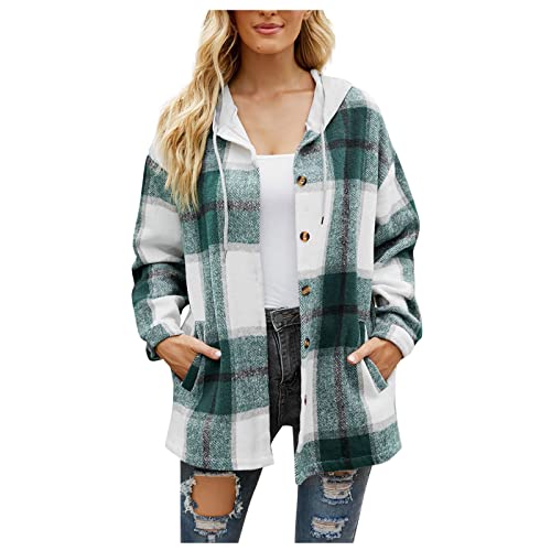 HKUOPW Jacken Weiblich Arbeits Taillierte Langes Jacken Gemütlich Langärmliges Karo Winte Jacken Damen Tweed Knopfleiste mit Kapuze Legere Dunkelgrün von HKUOPW