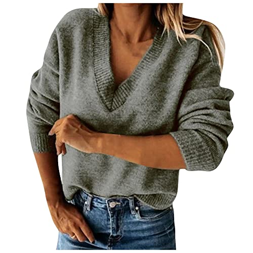 HKUOPW Pullover Damene Longsleeve Worker Strickpullover V Ausschnitt Soft Patchwork Schlankmache Strickpulli Mädchen Long Einfarbige Winter Strick Leicht Grau von HKUOPW