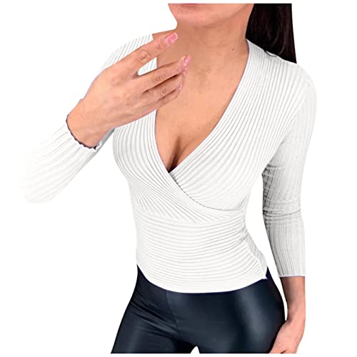 HKUOPW Pullover Damene Slim Fit Wrapped Frühlingse Legere Tops Plein V Ausschnitt Pullover Unterdamen Langärmliges Tief geschnitten Schule Jersey Leichtes Weiß von HKUOPW