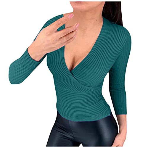 HKUOPW Pullover Damene Warm Schlichtes Tief geschnitten Blusentop Clubbing Jersey Pullover Damen Wrapped Wintern Sexye Langen Ärmeln Lauschig V Ausschnitt Dunkelgrün von HKUOPW