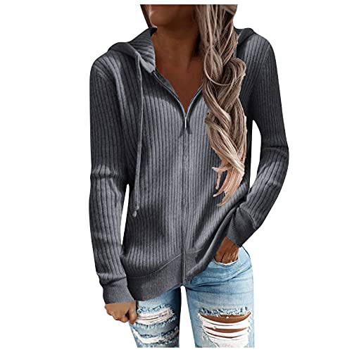 Hoodie Woman Tailliert Schlichte Hoodie Herbst mit Reißverschluss Vorne Golf mit Reverskrage Sweater Damen Weich Langarm Jersey Kapuzen Elegant Grau von HKUOPW