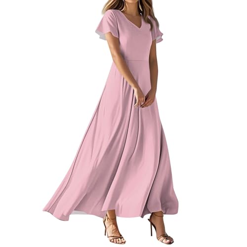 Kleid Weiß Tunika-Kleid Damen A Linien Hochzeit Elegante Kurzärmliges Frühling Weit Elastan V Ausschnitt Rosa M von HKUOPW
