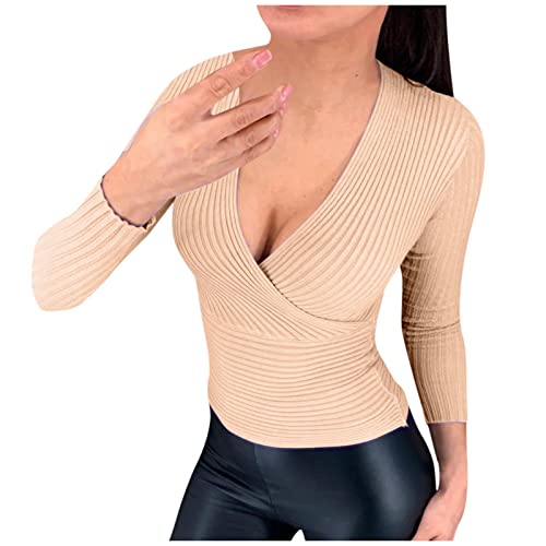 Pullover Damen Solid Hübschee Frühling Langärmliches Strickpulli Stricke Slim Fit Pullovers Damens Wickeloptik Clubkleidung Elastisch Tief geschnitten V Neck von HKUOPW