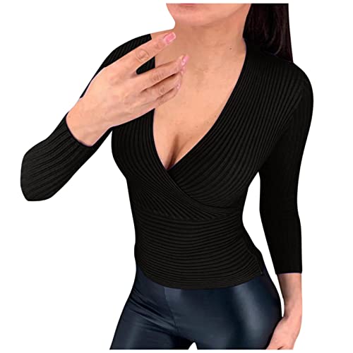 Pullover Damen Wickel Schlankmacher Schule Oberteil Herbst Hochdrücken Pullover Für Damen Jersey Modern Langarm Tief geschnitten V Ausschnitt Plein Schwarz von HKUOPW