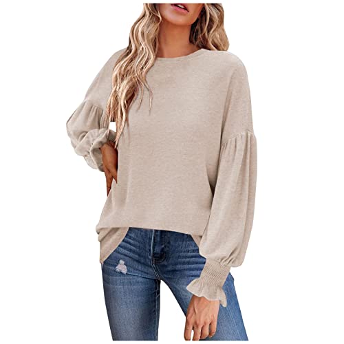 Tshirts Damen Einfarbige Weich T Shirts Wandern Festliche T Shirt Frauen Rundhals Boxy Schöne Rüschenärmel Tunika mit Plisseefalten Polyester Beige von HKUOPW