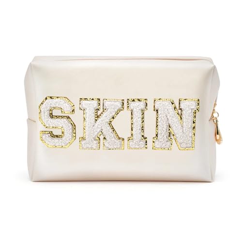 Make up Aufbewahrungstasche Preppy Patch Extra Large Varsity Chenille Letter Makeup Bag PU Leather Waterproof Portable Cosmetic Toiletry Bag Organizer Gift(SKIN) von HKYBCF