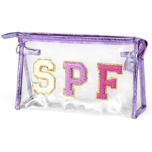 Make up Aufbewahrungstasche Preppy Patch SPF Varsity Letter Cosmetic Toiletry Bag for Women Aesthetic Waterproof Felt Material Organizer Zipper Clutch Purse(DO-AS0120BP) von HKYBCF