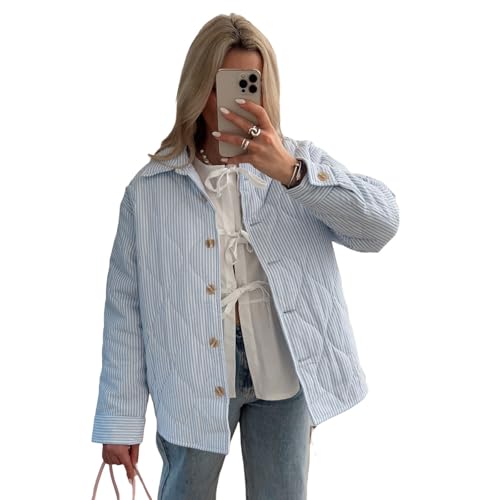 HKYFNNBW Damen Pufferjacke Streifen Umlegekragen Knöpfe Steppmantel Herbst Winter Langarm Gepolsterte Jacke Oberbekleidung, Blau 4, L von HKYFNNBW