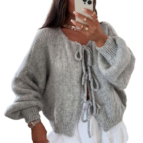 HKYFNNBW - Damen-Pullover mit Schnürung vorne, einfarbig, V-Ausschnitt, lange Ärmel, lockere Strickware, hellgrau, M von HKYFNNBW