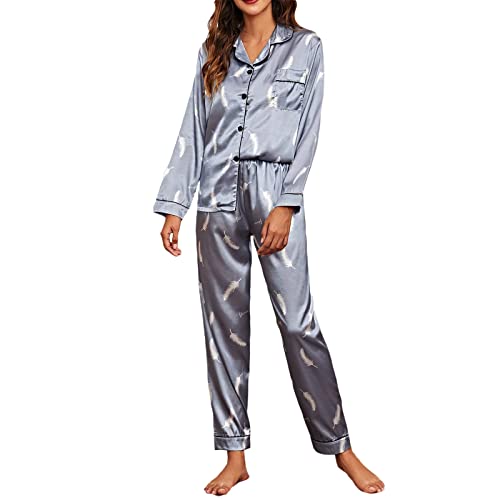 HKYFNNBW Damen-Pyjama-Set aus Satin, langärmelig, Hemd mit Knopfleiste und lockerer elastischer Hose, Nachtwäsche, Loungewear, Graue Feder, S von HKYFNNBW