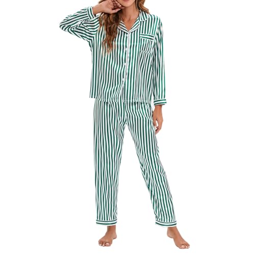 HKYFNNBW Damen-Pyjama-Set aus Satin, langärmelig, Hemd mit Knopfleiste und lockerer elastischer Hose, Nachtwäsche, Loungewear, Grüne Streifen, L von HKYFNNBW