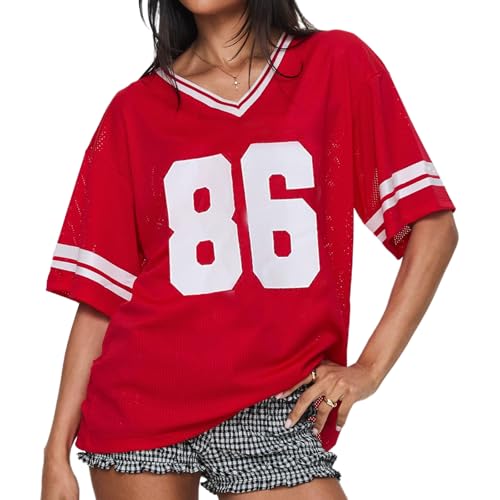 HKYFNNBW Damen-T-Shirt, Übergröße, Jersey, Sommer, lässig, mit Zahlendruck, V-Ausschnitt, kurze Ärmel, lockere Passform, Netz-Top, rot, M von HKYFNNBW