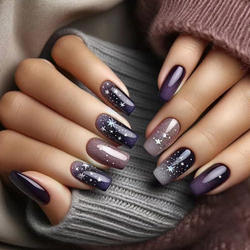 24 Stück Winter Blue Square Press on Nails Starlit Designs Full Covers Falsche Nägel Maniküre für Frauen und Mädchen Full Cover Falsche Nägel von HLBEST
