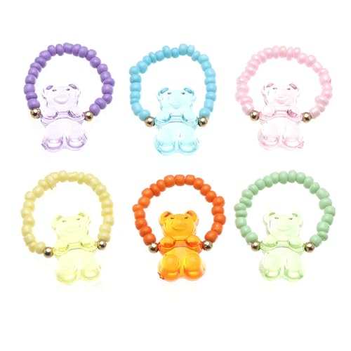 HLBEST 6pcs Cartoon Bären Charme Ringe Bunte Perlenringe Verstellbares Fingerharz Schmuck Handgefertigtes Geschenk Für Frauen Mädchen Harz Bär von HLBEST