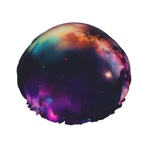 Bunte Duschhaube mit Galaxie-Print, Bade-Duschhauben für Frauen mit langem Haar, doppellagiger wasserdichter Bade-Duschhut von HLBSDM