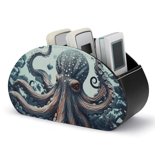 Cooler Fernbedienungshalter mit Oktopus-Motiv, Aufbewahrungsbox für TV-Fernbedienungen, Schreibtisch-Organizer aus Leder, Stifthalter aus PU, Schreibwaren-Organizer für Wohnzimmer und Büro (5 Fäche von HLBSDM