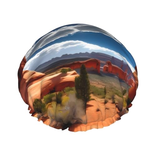 Duschhaube mit Arches-Nationalpark-Standarddruck, Bade-Duschhauben für Frauen mit langem Haar, doppellagiger wasserdichter Bade-Duschhut von HLBSDM