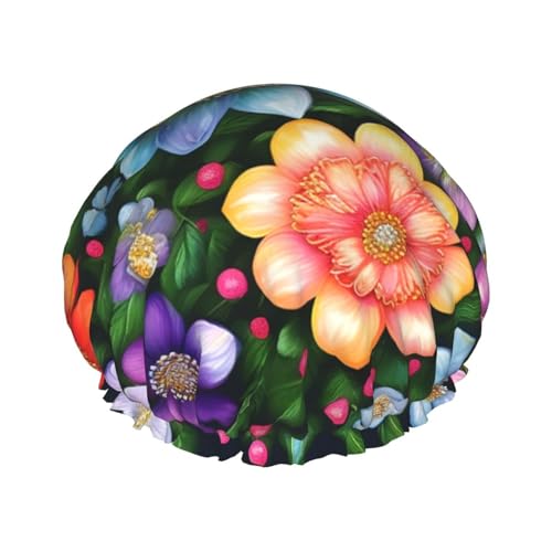 Duschhaube mit Blumen-Diamant-Gemälde-Druck, Bade-Duschhauben für Frauen mit langem Haar, doppellagiger wasserdichter Bade-Duschhut von HLBSDM