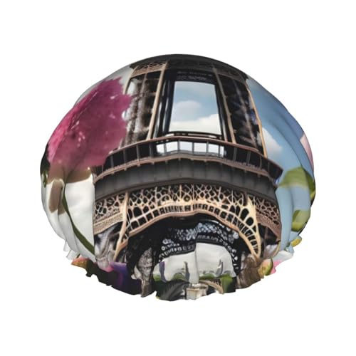Duschhaube mit Blumen-Paris-Eiffelturm-Print, Bade-Duschhauben für Frauen mit langem Haar, doppellagige wasserdichte Bade-Duschhaube von HLBSDM