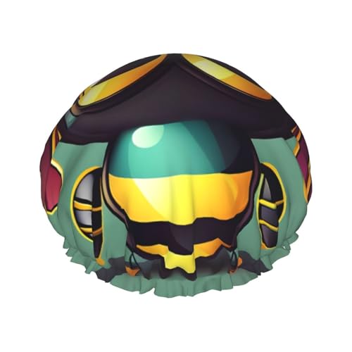 Duschhaube mit Cartoon-Bienen-Print, Bade-Duschhauben für Frauen mit langem Haar, doppellagiger wasserdichter Bade-Duschhut von HLBSDM