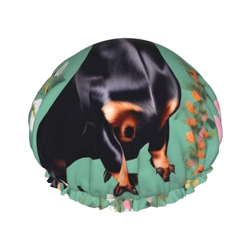 Duschhaube mit Dackel-Blumenmuster, Bade-Duschhauben für Frauen mit langem Haar, doppellagige wasserdichte Bade-Duschhaube von HLBSDM