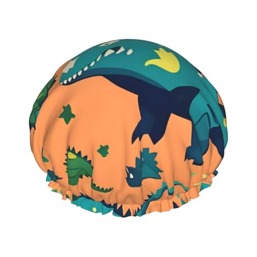 Duschhaube mit Dinosaurier-Print, Bade-Duschhauben für Frauen mit langem Haar, doppellagiger wasserdichter Bade-Duschhut von HLBSDM