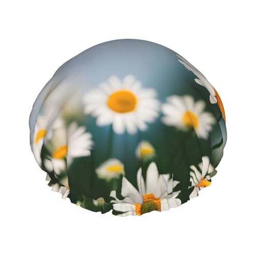 Duschhaube mit Gänseblümchen-Blumen-Print, Bade-Duschhauben für Frauen mit langem Haar, doppellagiger wasserdichter Bade-Duschhut von HLBSDM