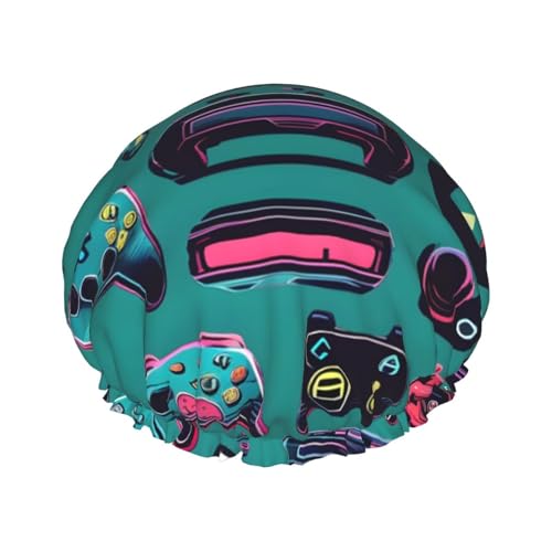 Duschhaube mit Gaming-Controller-Musterdruck, Bade-Duschhauben für Frauen mit langem Haar, doppellagiger wasserdichter Bade-Duschhut von HLBSDM