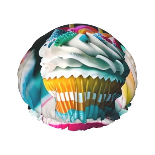 Duschhaube mit Happy Birthday Cakes-Aufdruck, Bade-Duschhauben für Frauen mit langem Haar, doppellagiger wasserdichter Bade-Duschhut von HLBSDM