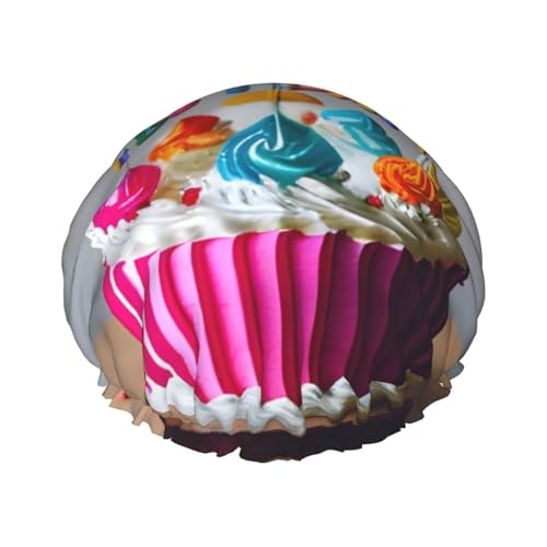 Duschhaube mit Happy Birthday-Kuchen-Aufdruck, Bade-Duschhauben für Frauen mit langem Haar, doppellagiger wasserdichter Bade-Duschhut von HLBSDM