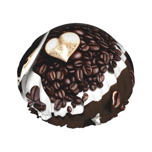 Duschhaube mit Kaffeecollage-Print, Bade-Duschhauben für Frauen mit langem Haar, doppellagige wasserdichte Bade-Duschhaube von HLBSDM