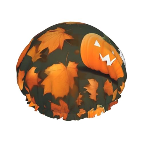Duschhaube mit Kürbis-Print „Happy Thanksgiving Day“, Bade-Duschhauben für Frauen mit langem Haar, doppellagiger wasserdichter Bade-Duschhut von HLBSDM