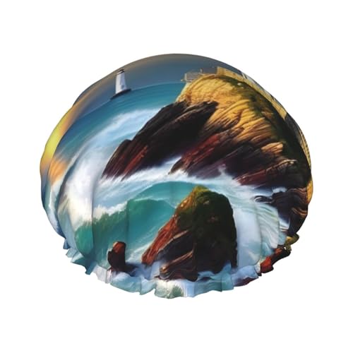 Duschhaube mit Leuchtturm-Diamantfarben-Druck, Bade-Duschhauben für Frauen mit langem Haar, doppellagiger wasserdichter Bade-Duschhut von HLBSDM