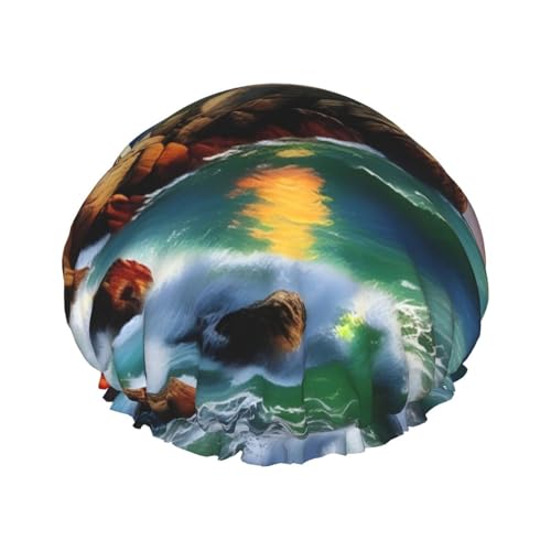 Duschhaube mit Leuchtturm-Diamantmalerei-Druck, Bade-Duschhauben für Frauen mit langem Haar, doppellagiger wasserdichter Bade-Duschhut von HLBSDM