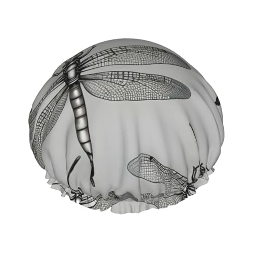 Duschhaube mit Libellen-Grau-Print, Bade-Duschhauben für Frauen mit langem Haar, doppellagige wasserdichte Bade-Duschhaube von HLBSDM
