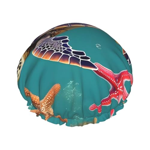 Duschhaube mit Meeresschildkröte-Seestern-Muster-Print, Bade-Duschhauben für Frauen mit langem Haar, doppellagige wasserdichte Bade-Duschmütze von HLBSDM