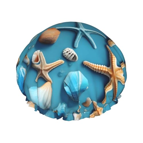 Duschhaube mit Ozean-, Meeres-, Strand-, Muschel- und Seestern-Print, Bade-Duschhauben für Frauen mit langem Haar, doppellagige wasserdichte Bade-Duschhaube von HLBSDM