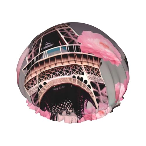 Duschhaube mit Pariser Straße und Eiffelturm-Motiv, rosa Blumendruck, Bade-Duschhauben für Frauen mit langem Haar, doppellagige wasserdichte Bade-Duschhaube von HLBSDM