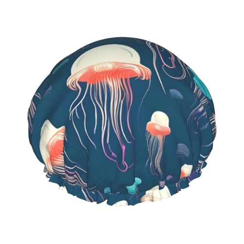 Duschhaube mit Quallenmuster-Aufdruck, Bade-Duschhauben für Frauen mit langem Haar, doppellagiger wasserdichter Bade-Duschhut von HLBSDM