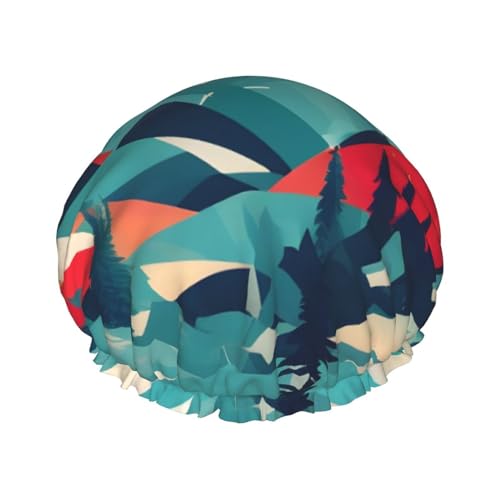 Duschhaube mit Reise-Mountainscape-Print, Bade-Duschhauben für Frauen mit langem Haar, doppellagiger wasserdichter Bade-Duschhut von HLBSDM