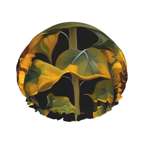 Duschhaube mit Sonnenblumen-Print, Bade-Duschhauben für Frauen mit langem Haar, doppellagiger wasserdichter Bade-Duschhut von HLBSDM
