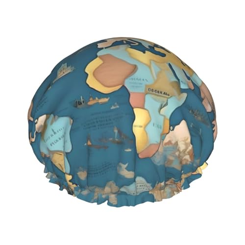 Duschhaube mit Weltkartenmuster-Aufdruck, Bade-Duschhauben für Frauen mit langem Haar, doppellagiger wasserdichter Bade-Duschhut von HLBSDM