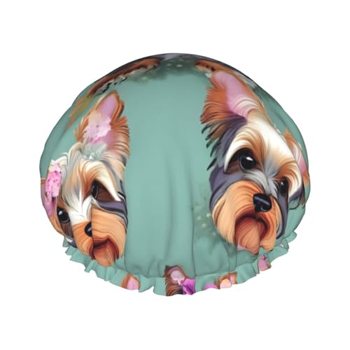 Duschhaube mit Yorkie-Blumendruck, Bade-Duschhauben für Frauen mit langem Haar, doppellagiger wasserdichter Bade-Duschhut von HLBSDM