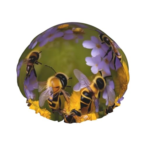 Duschhaube mit ländlichem Honigbienen-Wildblumen-Print, Bade-Duschhauben für Frauen mit langem Haar, doppellagige wasserdichte Bade-Duschhaube von HLBSDM