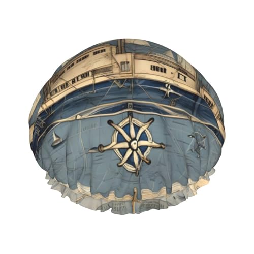 Duschhaube mit nautischem Segelboot-Kartendruck, Bade-Duschhauben für Frauen mit langem Haar, doppellagiger wasserdichter Bade-Duschhut von HLBSDM