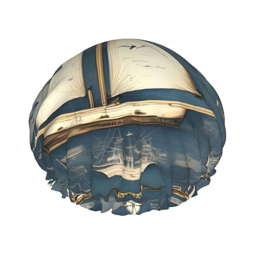 Duschhaube mit nautischem Segelboot-Kartendruck, Bade-Duschhauben für Frauen mit langem Haar, doppellagiger wasserdichter Bade-Duschhut von HLBSDM