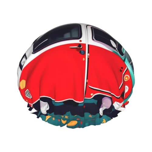 Duschhaube mit rotem Aufdruck „Happy Camper“, Badehauben für Frauen mit langem Haar, doppellagiger, wasserdichter Bade-Duschhut von HLBSDM