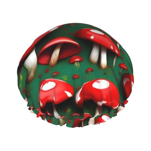 Duschhaube mit rotem Pilz-Print, Bade-Duschhauben für Frauen mit langem Haar, doppellagige wasserdichte Bade-Duschmütze von HLBSDM